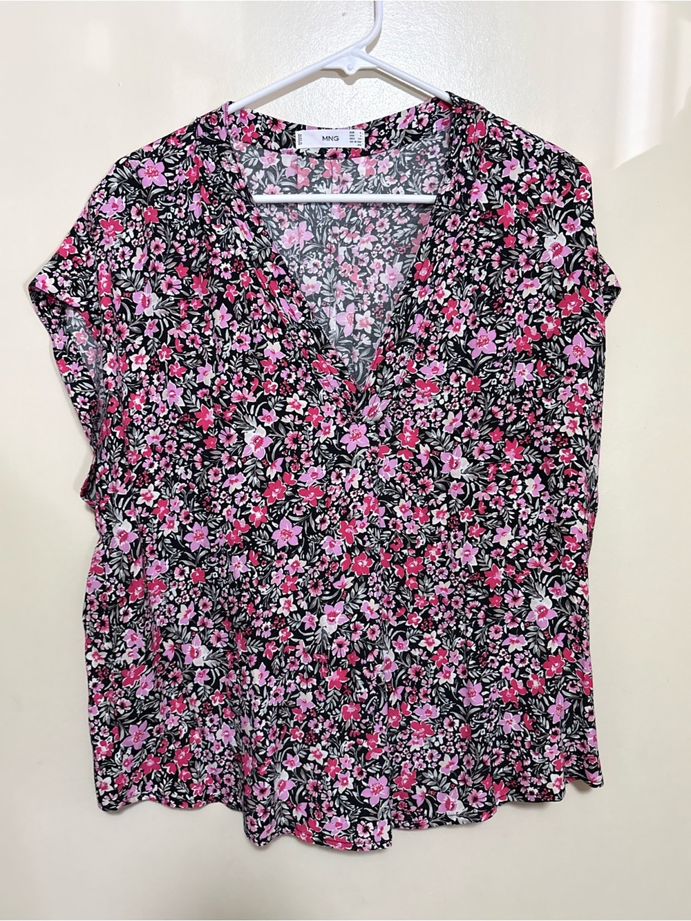 Mango Pink Floral V-Neck Cap Sleeve Blouse on Black